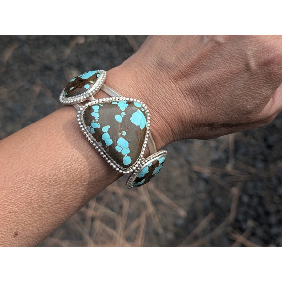 Natural Number 8 Turquoise Silver Cuff Bracelet Large 3 Stone Southwest Jewelry* - Picture 3 of 9